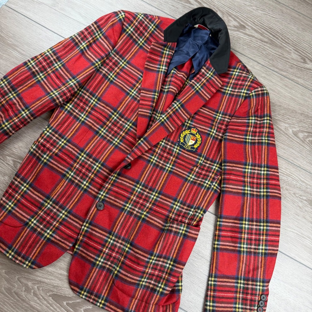 Brooks Brothers Mens Red Fleece Tartan Plaid Blazer Crest Red 42S